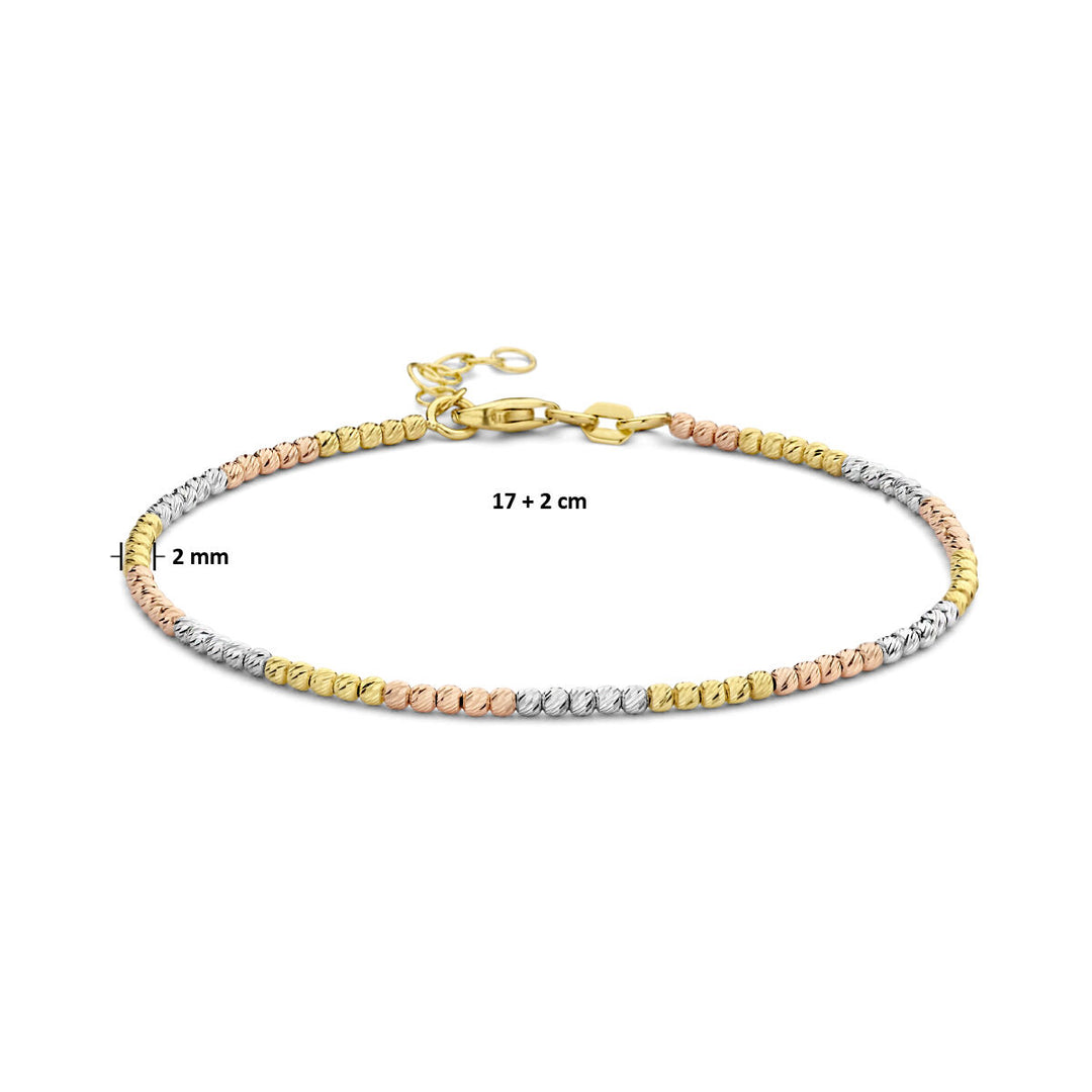 14k Tricolor Gouden Armband Bolletjes 2mm – 17+2cm, Gediamanteerd