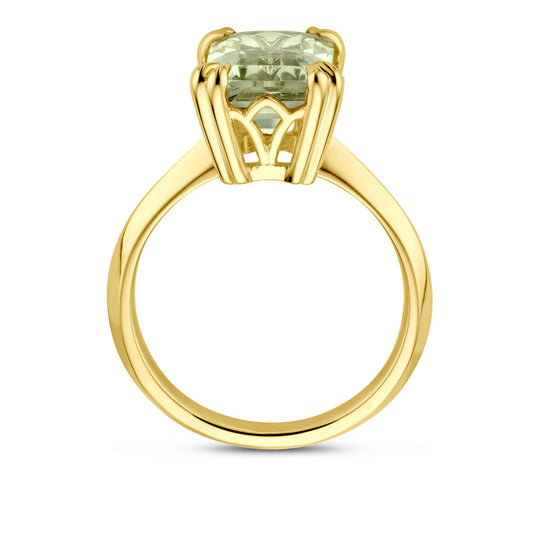 Luxueuze 14k Geelgouden Ring met Groene Amethist – 13mm Breedte