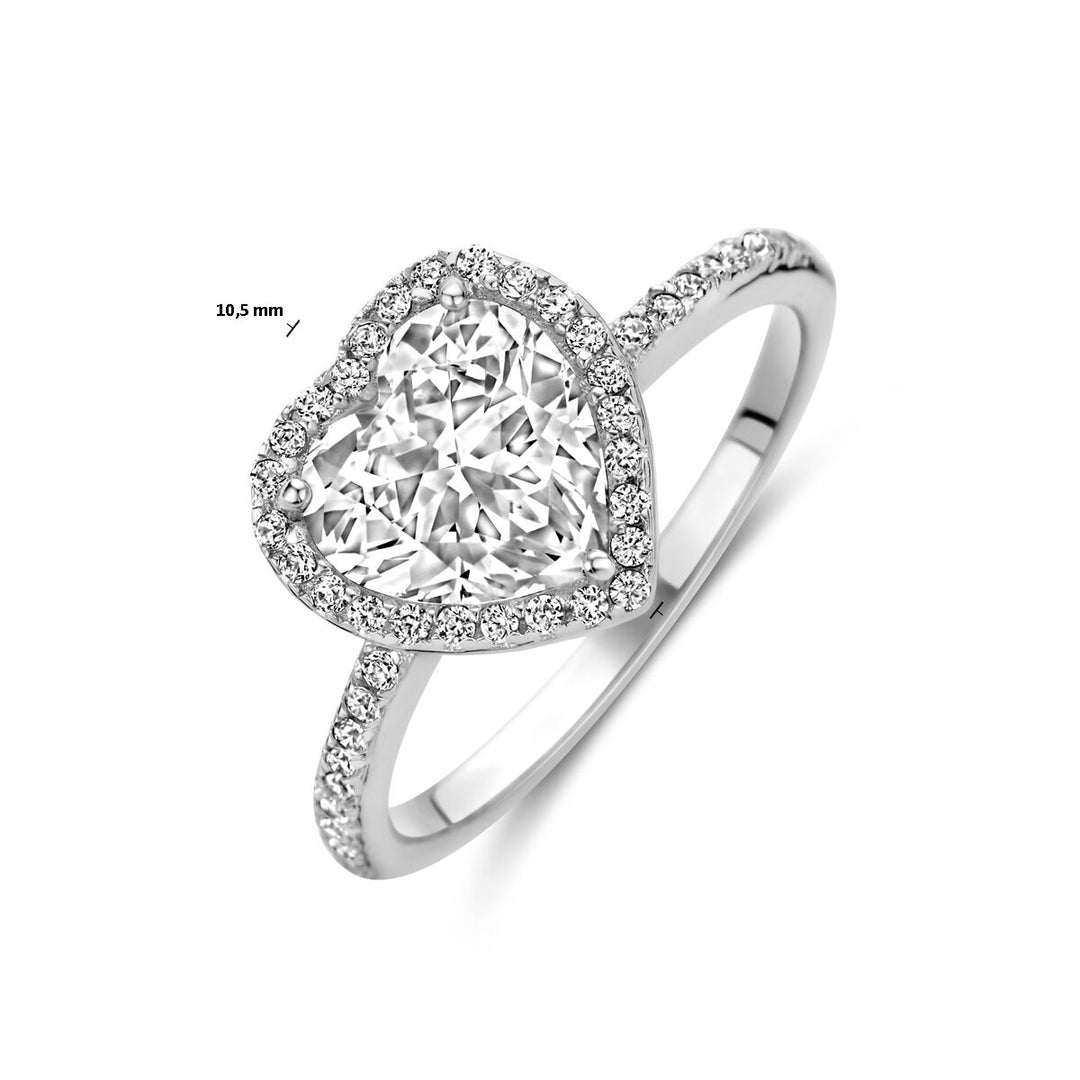Gerhodineerde 925 Zilveren Ring in Hartvorm met Zirkonia - 10,5 mm Breed