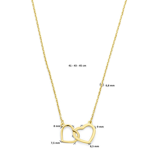 14k Geelgouden Collier met Twee Hartjes – Verstelbaar 41-45 cm