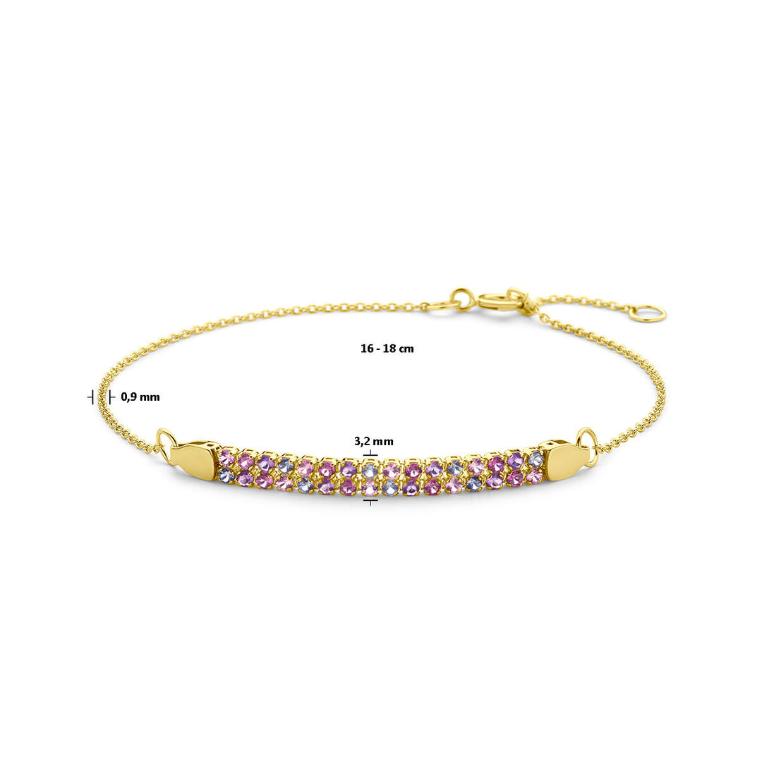 14k Gouden Armband met Amethist, Rhodoliet & Saffier – 16–18 cm, 0,9 mm