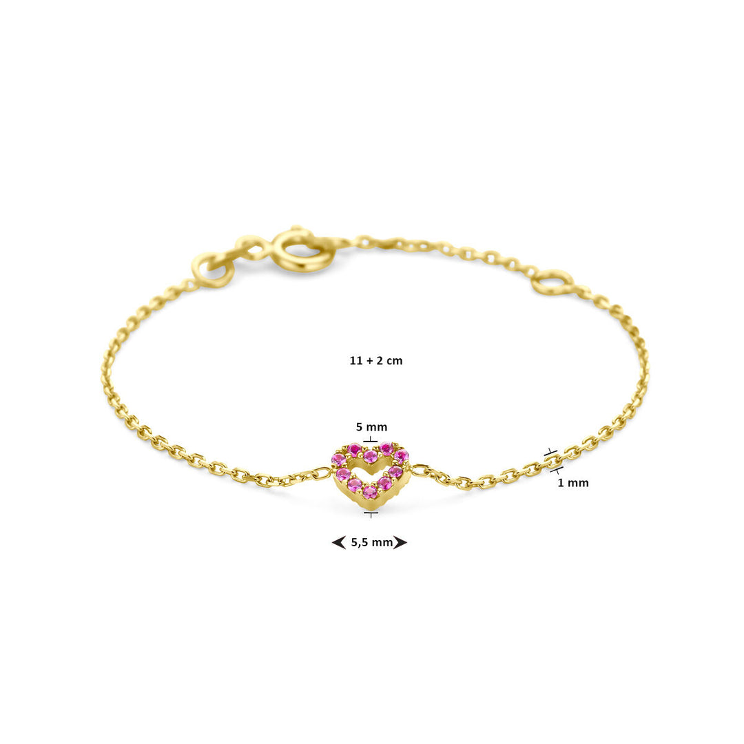 14k Gouden Armband met Hart & Rode Zirkonia – 11 + 2 cm Verstelbaar