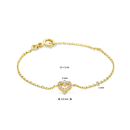 14k Gouden Armband met Hart & Roze Zirkonia – 11 + 2 cm Verstelbaar
