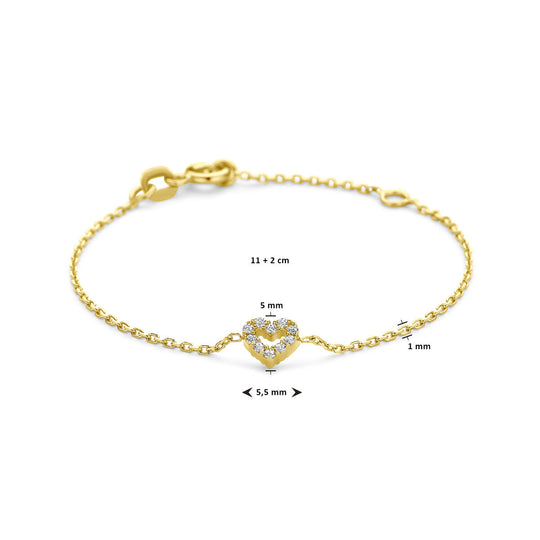 14k Gouden Armband met Hart & Zirkonia – 11 + 2 cm Verstelbaar