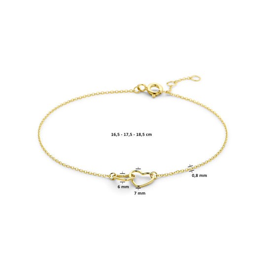 14k Gouden Armband met Hartjes – 16,5–18,5 cm Verstelbaar, 0,8 mm