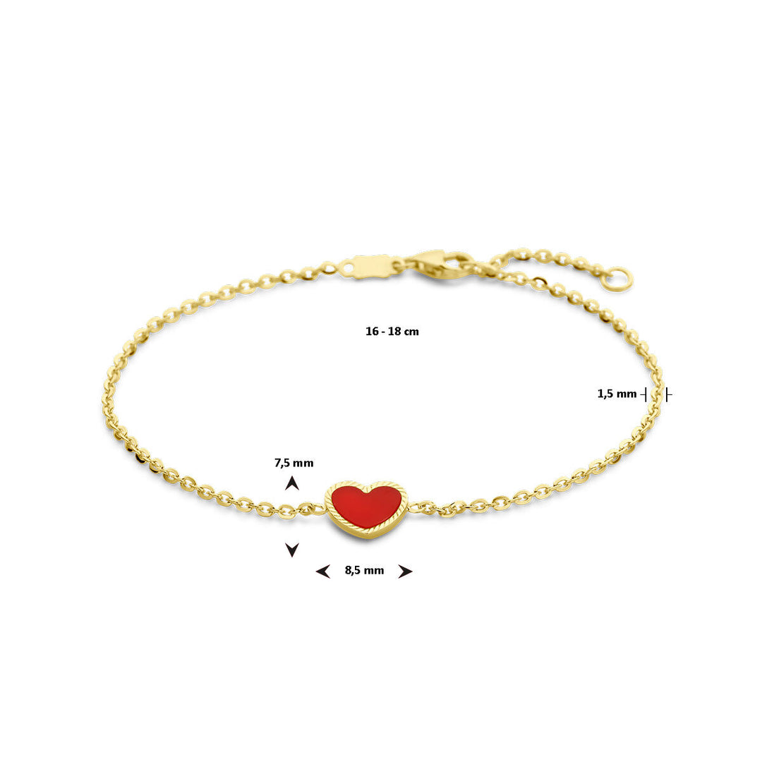 14k Gouden Armband met Rood Epoxy Hart – 16–18 cm, 1,5 mm