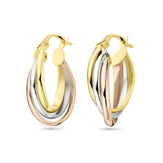 14k Tricolor Gouden Oorringen Ovaal 24x6.5mm – Wit, Rosé & Geel