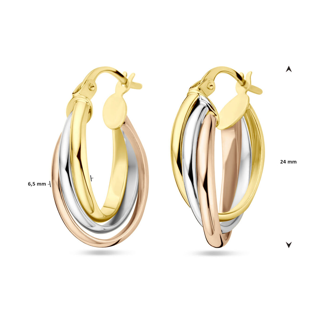14k Tricolor Gouden Oorringen Ovaal 24x6.5mm – Wit, Rosé & Geel