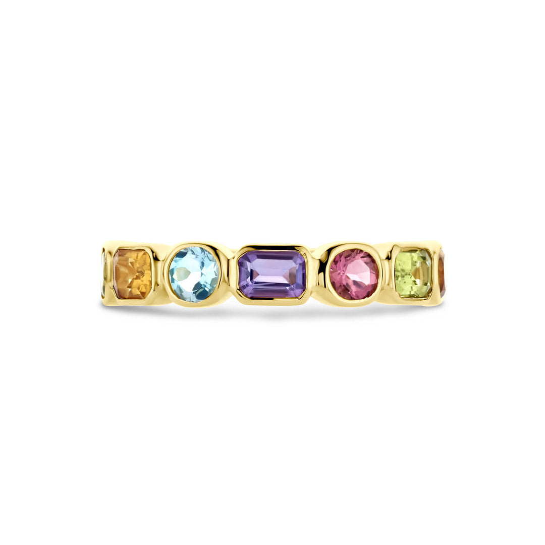14k Geelgouden Ring met Amethist, Sky Blue Topaas, Citrien, Peridot en Roze Topaas – Kleurrijke Elegantie