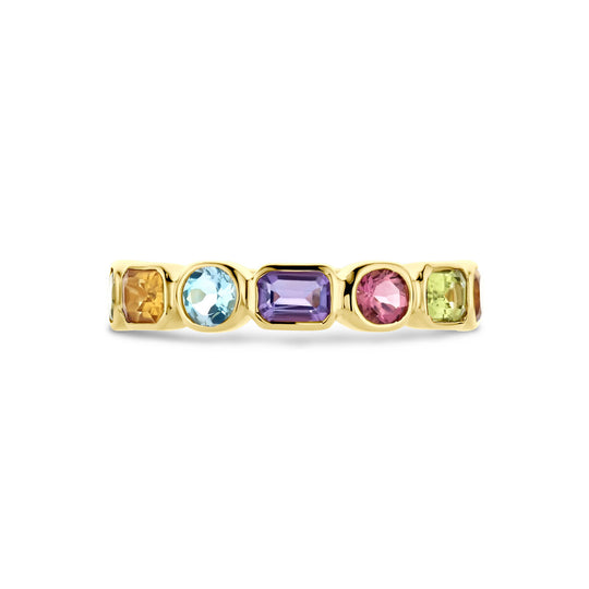 14k Geelgouden Ring met Amethist, Sky Blue Topaas, Citrien, Peridot en Roze Topaas – Kleurrijke Elegantie