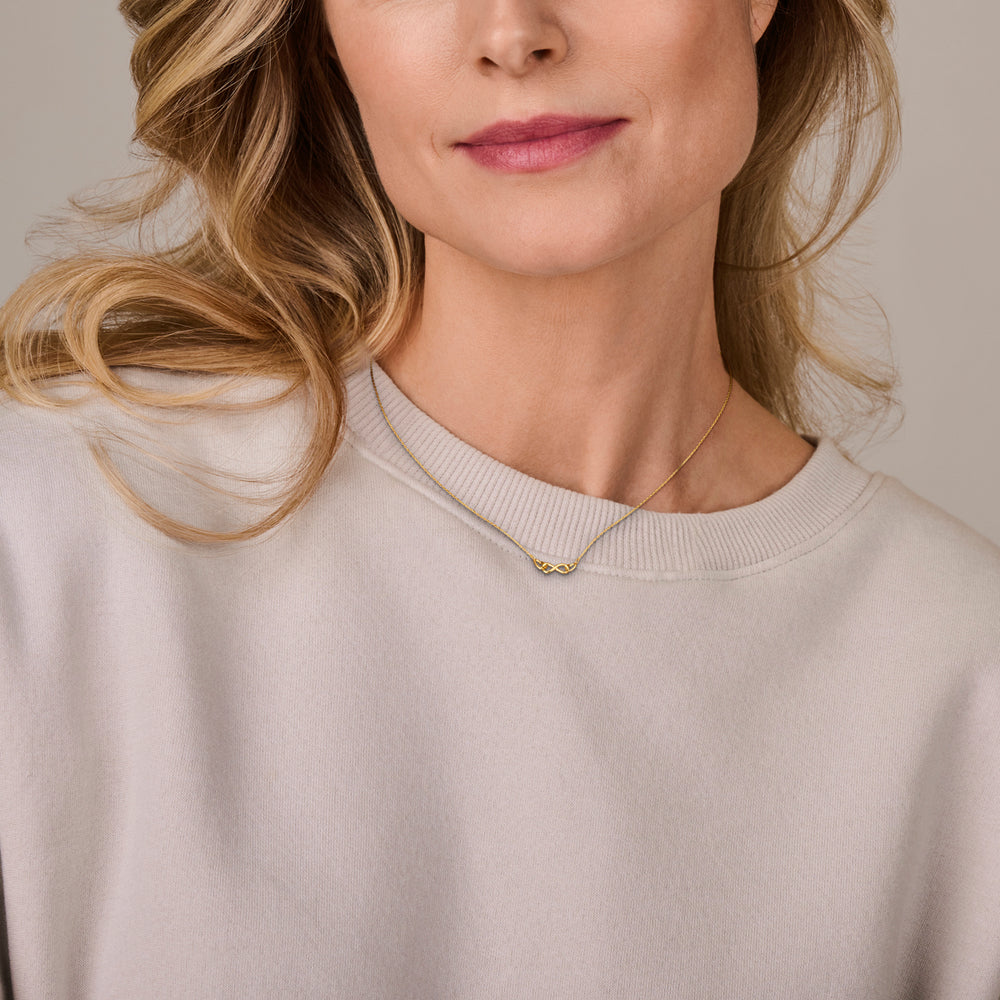 14k Geelgouden Collier met Infinity en Twee Hartjes – Verstelbare Lengte (40-44cm)