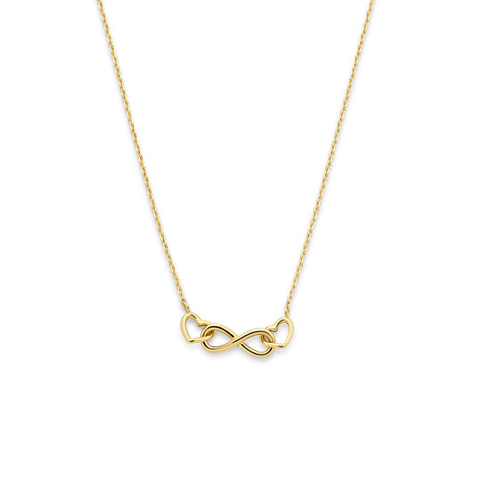 14k Geelgouden Collier met Infinity en Twee Hartjes – Verstelbare Lengte (40-44cm)