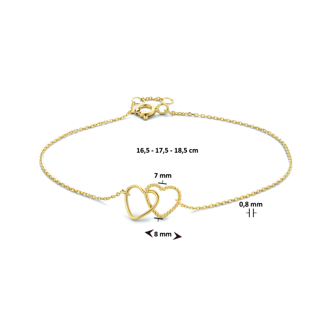 9k Geelkleurige Armband met Twee Hartjes – Verstelbaar 16.5–18.5cm