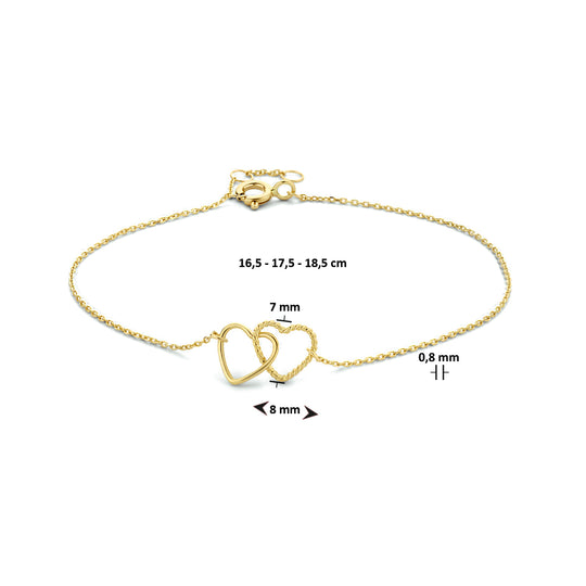 9k Geelkleurige Armband met Twee Hartjes – Verstelbaar 16.5–18.5cm