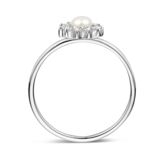 Gerhodineerde 925 Zilveren Ring met Zoetwaterparel en Zirkonia - 8 mm Breed