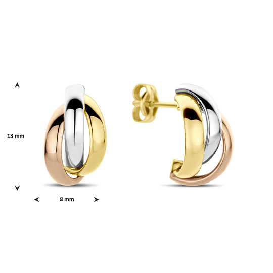 14k Tricolor Gouden Stekeroorringen 13x8mm – Wit, Rosé & Geel