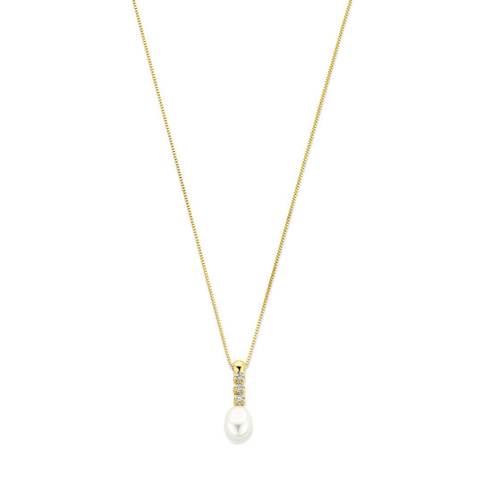 Elegant 14k Geelgouden Collier met Zirkonia en Zoetwaterparel