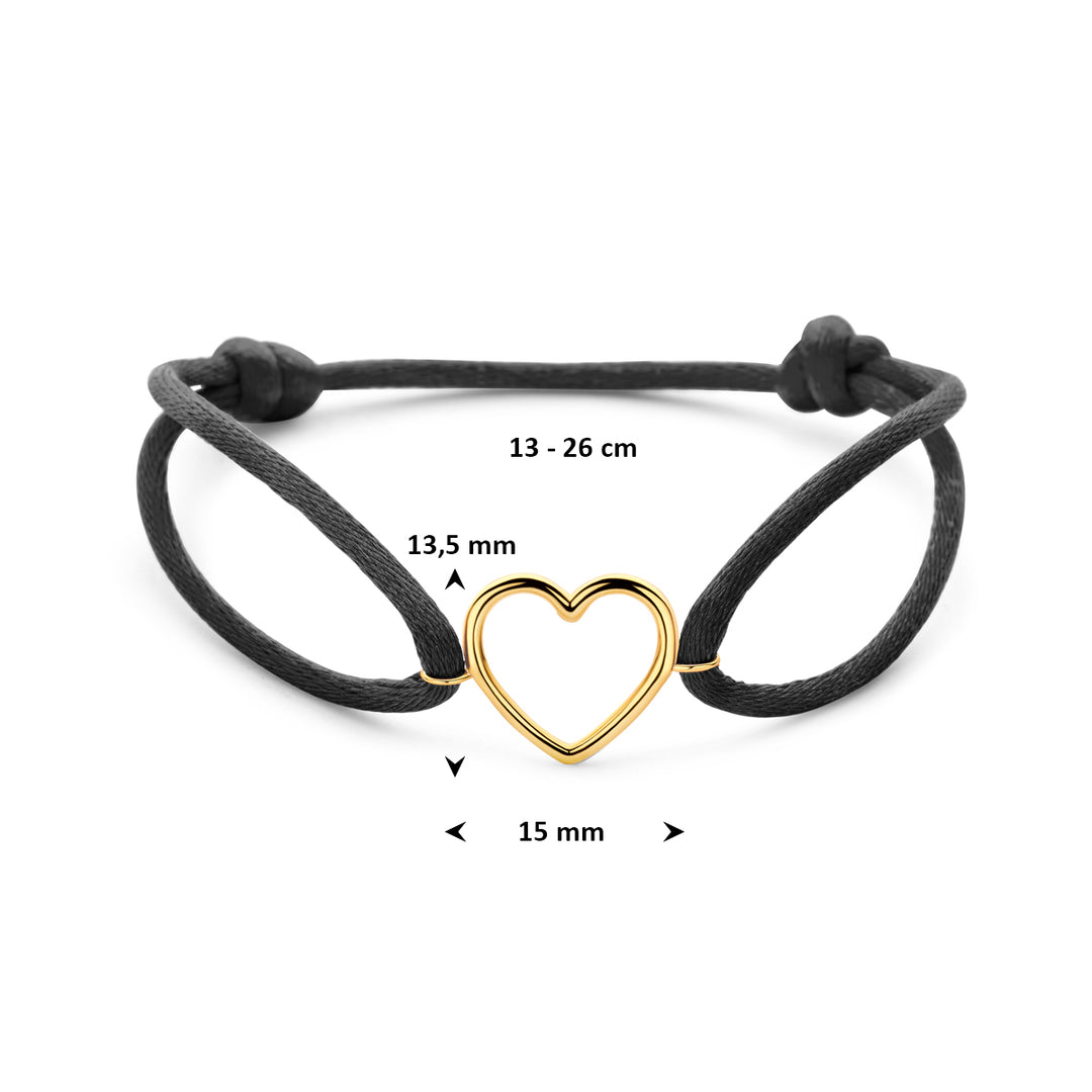 Satijn Armband met 14k Geelgouden Hartje – Verstelbaar 13–26cm