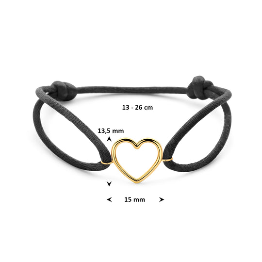 Satijn Armband met 14k Geelgouden Hartje – Verstelbaar 13–26cm