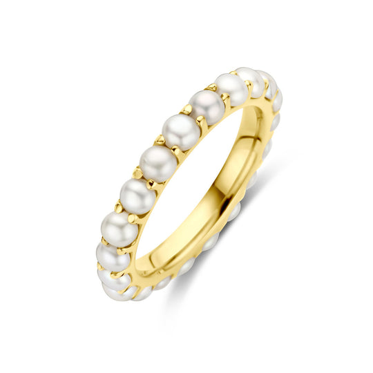 14k Geelgouden Ring met Zoetwaterparels – Tijdloze Elegantie in een verfijnd ontwerp