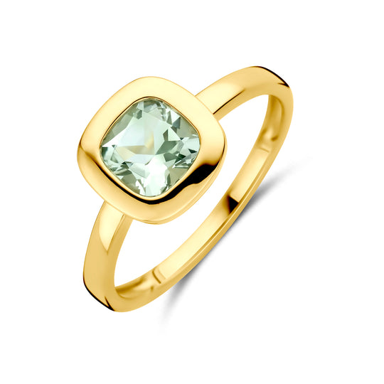14k Geelgouden ring met groen amethist 9x9mm