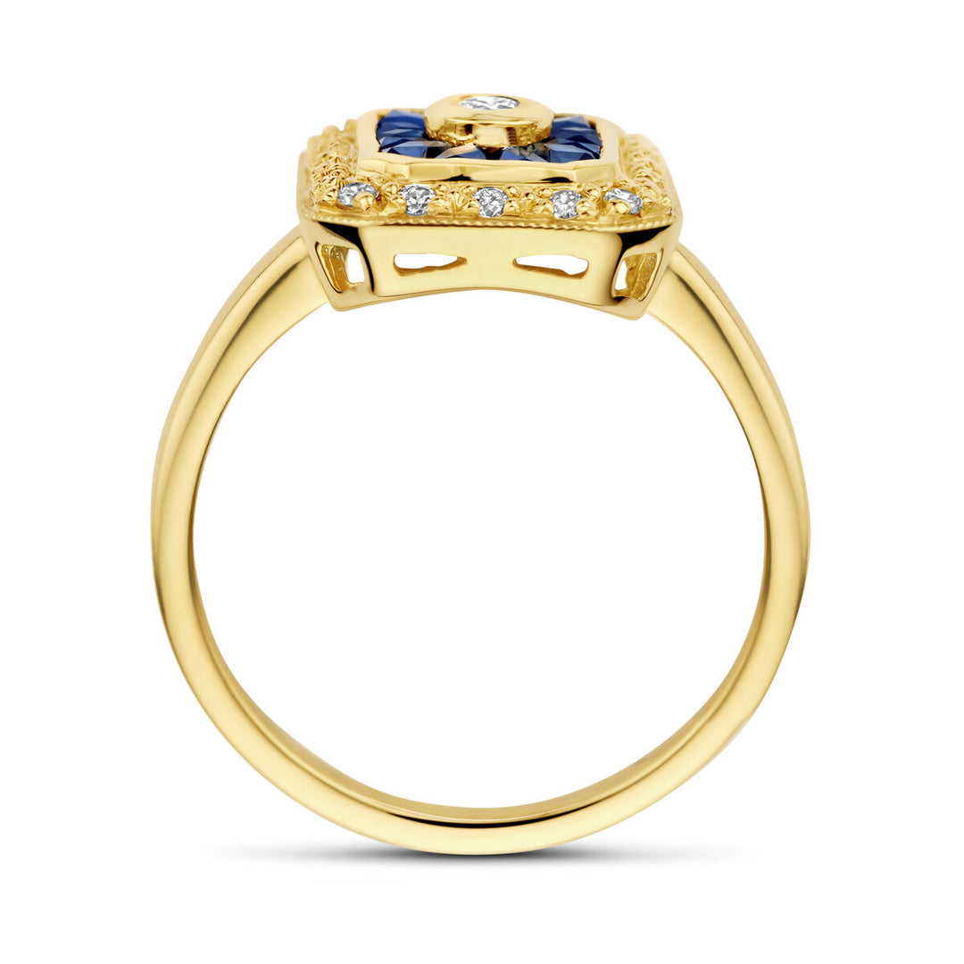 Prachtige 14k Geelgouden Vintage Ring met Saffier en Diamant