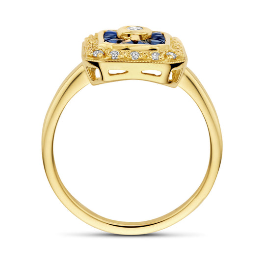 Prachtige 14k Geelgouden Vintage Ring met Saffier en Diamant
