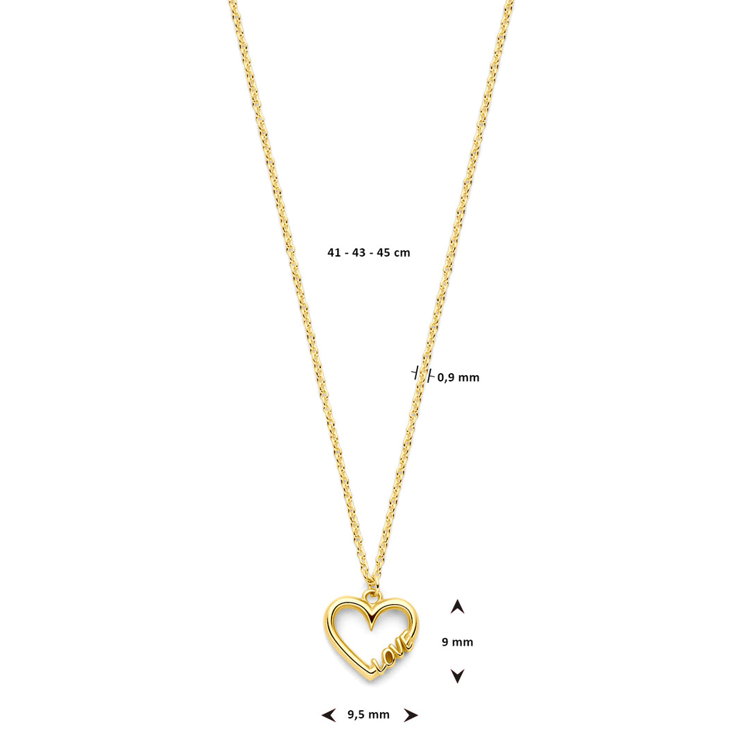 14k Geelgouden Collier met Hartje en “Love” Tekst – Verstelbare Lengte (41-45cm)
