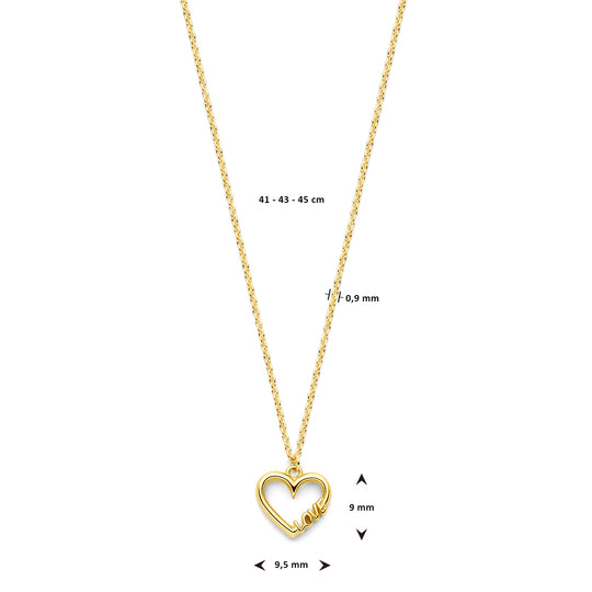 14k Geelgouden Collier met Hartje en “Love” Tekst – Verstelbare Lengte (41-45cm)