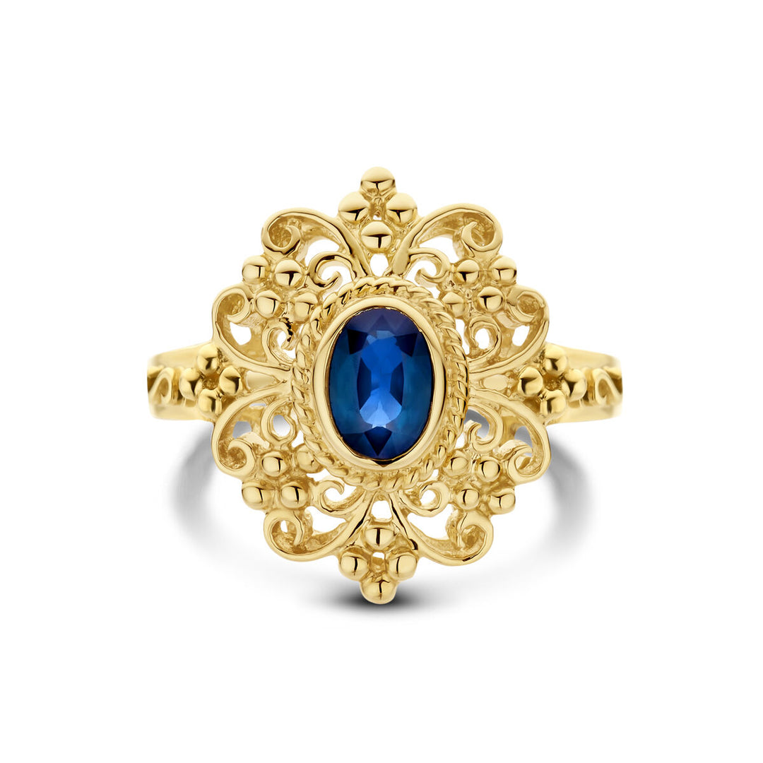 Adembenemende 14k Geelgouden Vintage Ring met Saffier