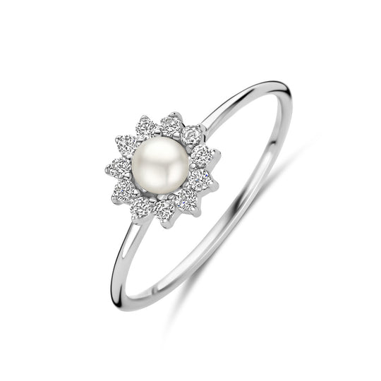 Gerhodineerde 925 Zilveren Ring met Zoetwaterparel en Zirkonia - 8 mm Breed