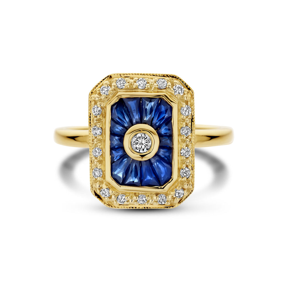 Prachtige 14k Geelgouden Vintage Ring met Saffier en Diamant