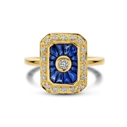 Prachtige 14k Geelgouden Vintage Ring met Saffier en Diamant