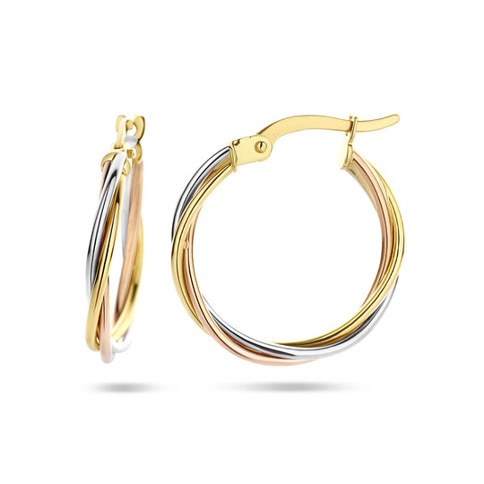 14k Tricolor Gouden Oorringen Gedraaide Buis 20x2mm – Wit, Rosé & Geel
