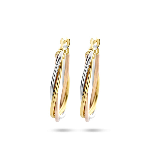 14k Tricolor Gouden Oorringen Gedraaide Buis 20x2mm – Wit, Rosé & Geel
