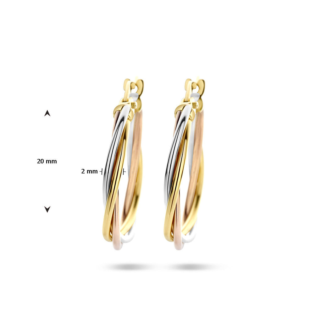 14k Tricolor Gouden Oorringen Gedraaide Buis 20x2mm – Wit, Rosé & Geel