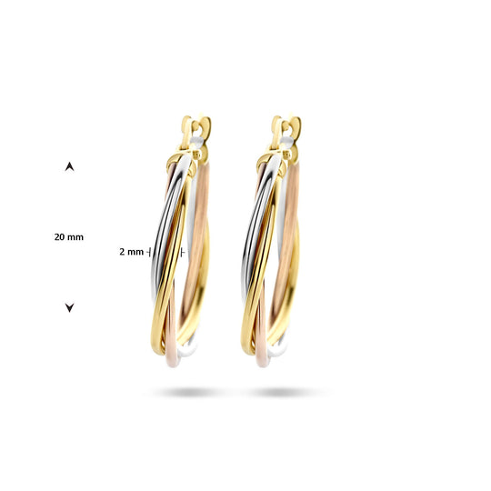 14k Tricolor Gouden Oorringen Gedraaide Buis 20x2mm – Wit, Rosé & Geel