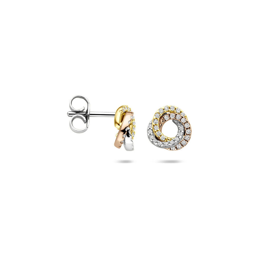 14k Tricolor Gouden Oorknoppen met Diamant 0.19ct – 8mm