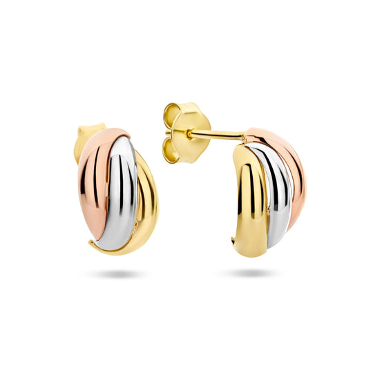 14k Tricolor Gouden Stekeroorringen 11.5mm – Wit, Rosé & Geel