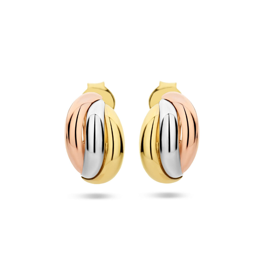 14k Tricolor Gouden Stekeroorringen 11.5mm – Wit, Rosé & Geel