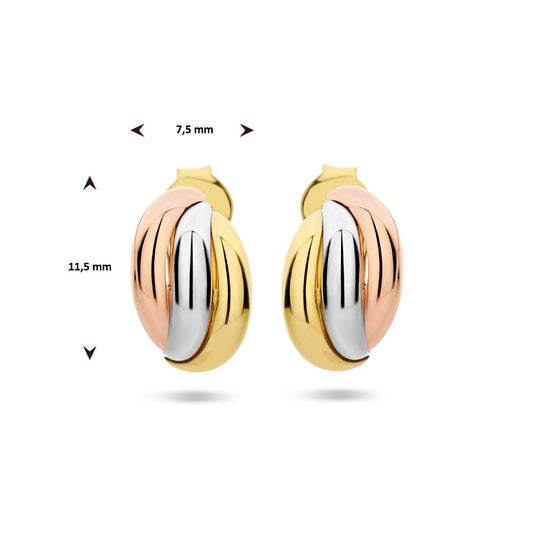 14k Tricolor Gouden Stekeroorringen 11.5mm – Wit, Rosé & Geel