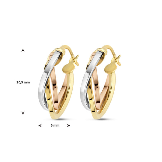 14k Tricolor Gouden Oorringen 20.5x5mm – Wit, Rosé & Geel