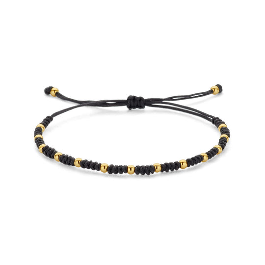 Zwarte Gevlochten Armband met 14k Gouden Bolletjes – Verstelbaar 12–24 cm