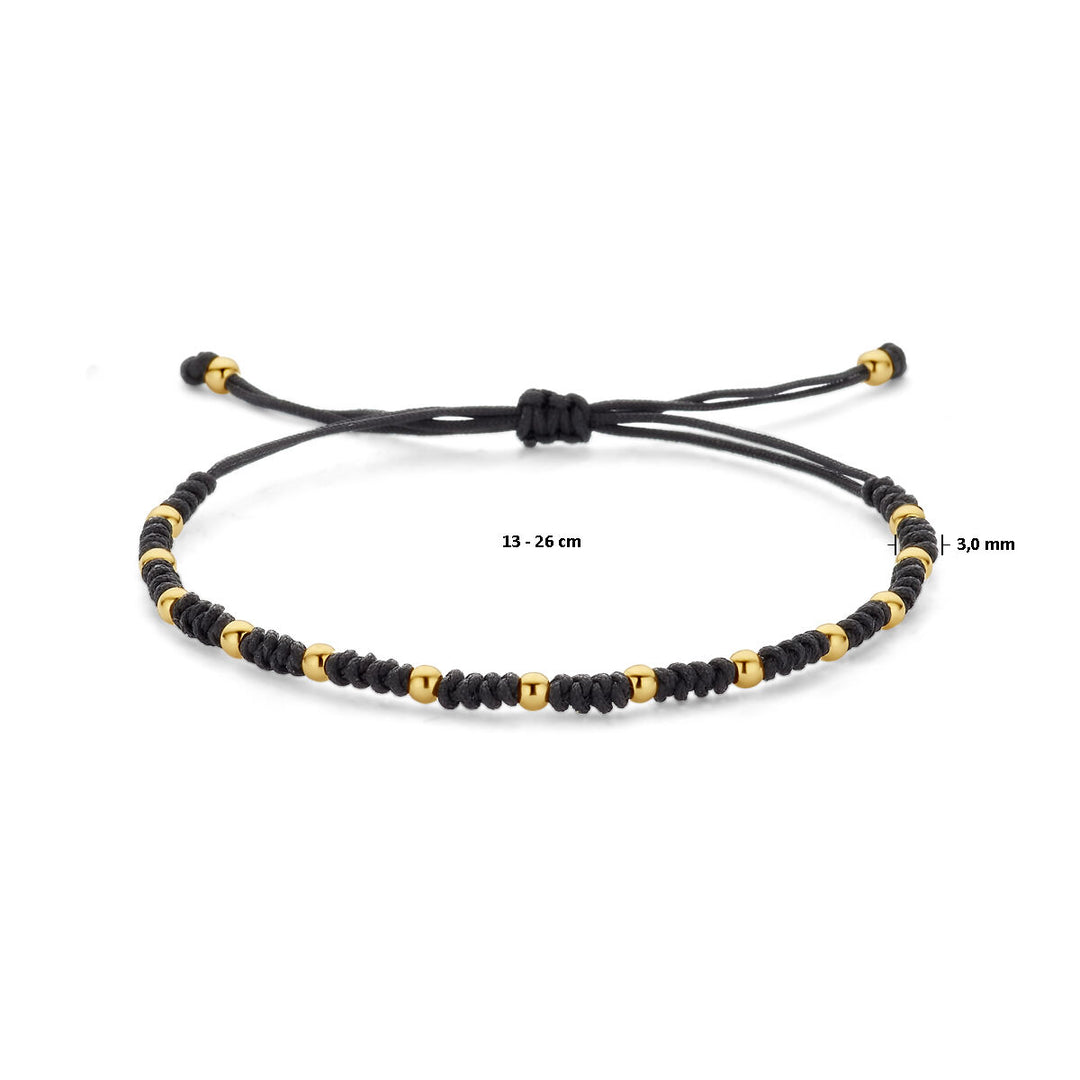 Zwarte Gevlochten Armband met 14k Gouden Bolletjes – Verstelbaar 12–24 cm