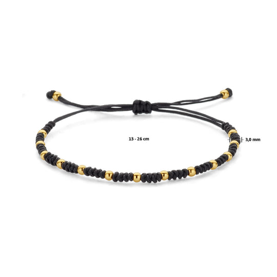 Zwarte Gevlochten Armband met 14k Gouden Bolletjes – Verstelbaar 12–24 cm
