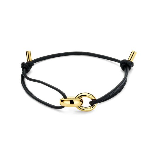 Zwarte Leren Armband met 18k Gouden Schakel – Verstelbaar 15–26 cm, 20x10 mm