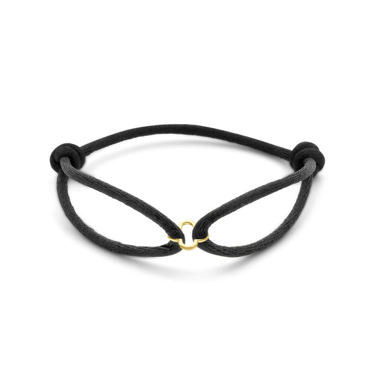 Zwarte Satijnen Armband met 14k Gouden Bloem – Verstelbaar 13–26 cm