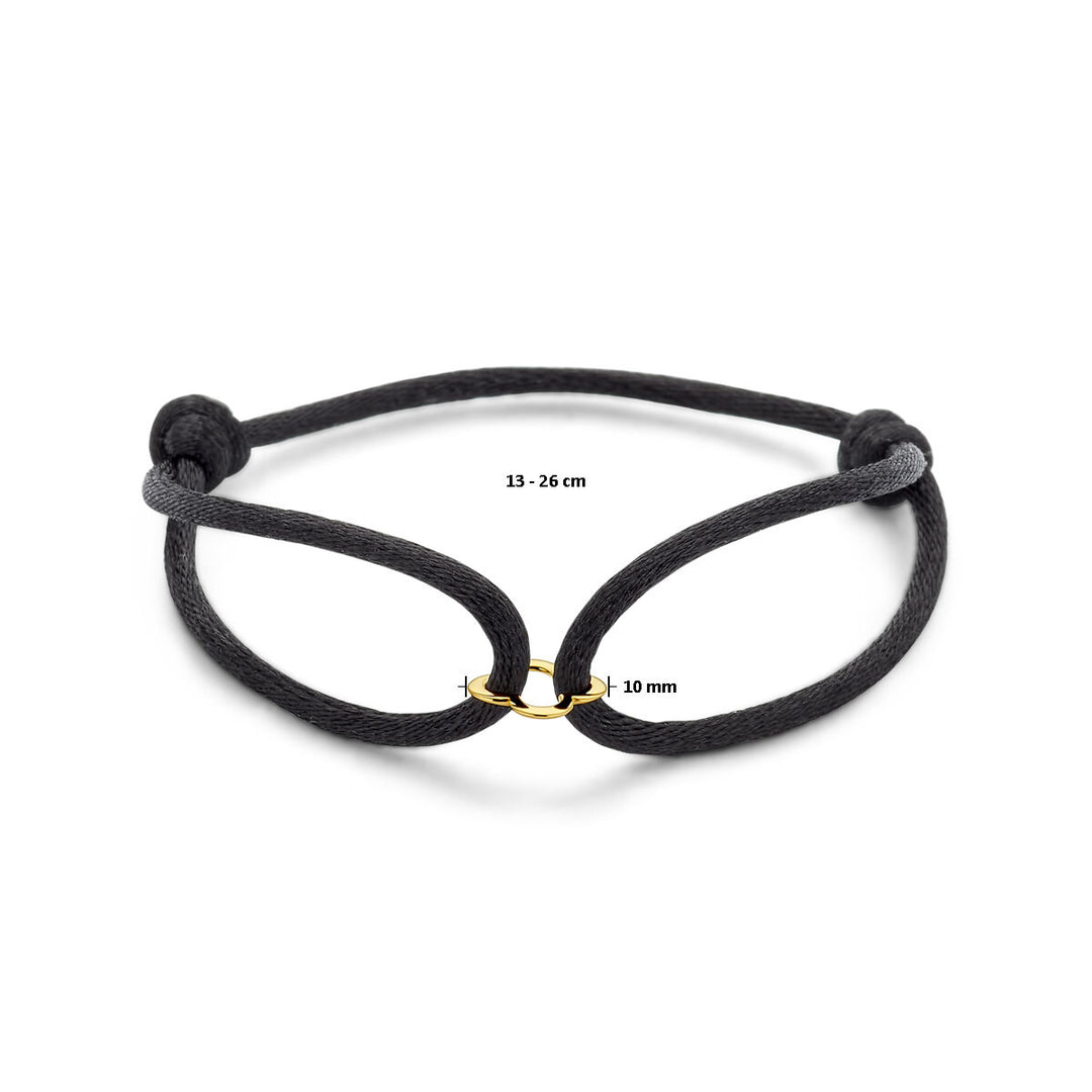 Zwarte Satijnen Armband met 14k Gouden Bloem – Verstelbaar 13–26 cm