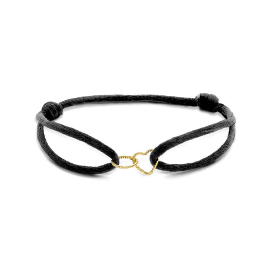 Zwarte Satijnen Armband met 14k Gouden Hart & Rondje – Verstelbaar 13–26 cm