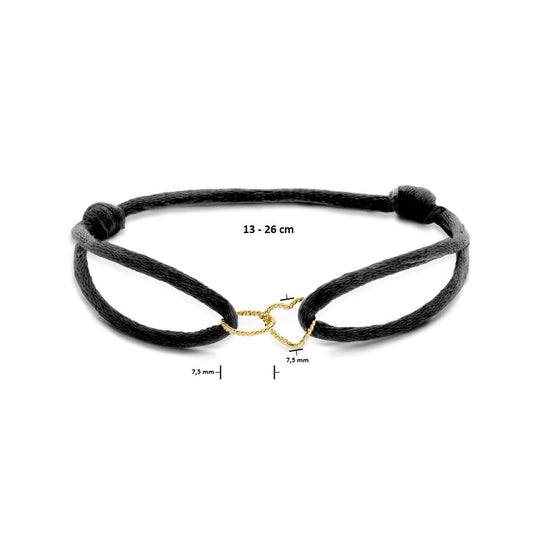 Zwarte Satijnen Armband met 14k Gouden Hart & Rondje – Verstelbaar 13–26 cm